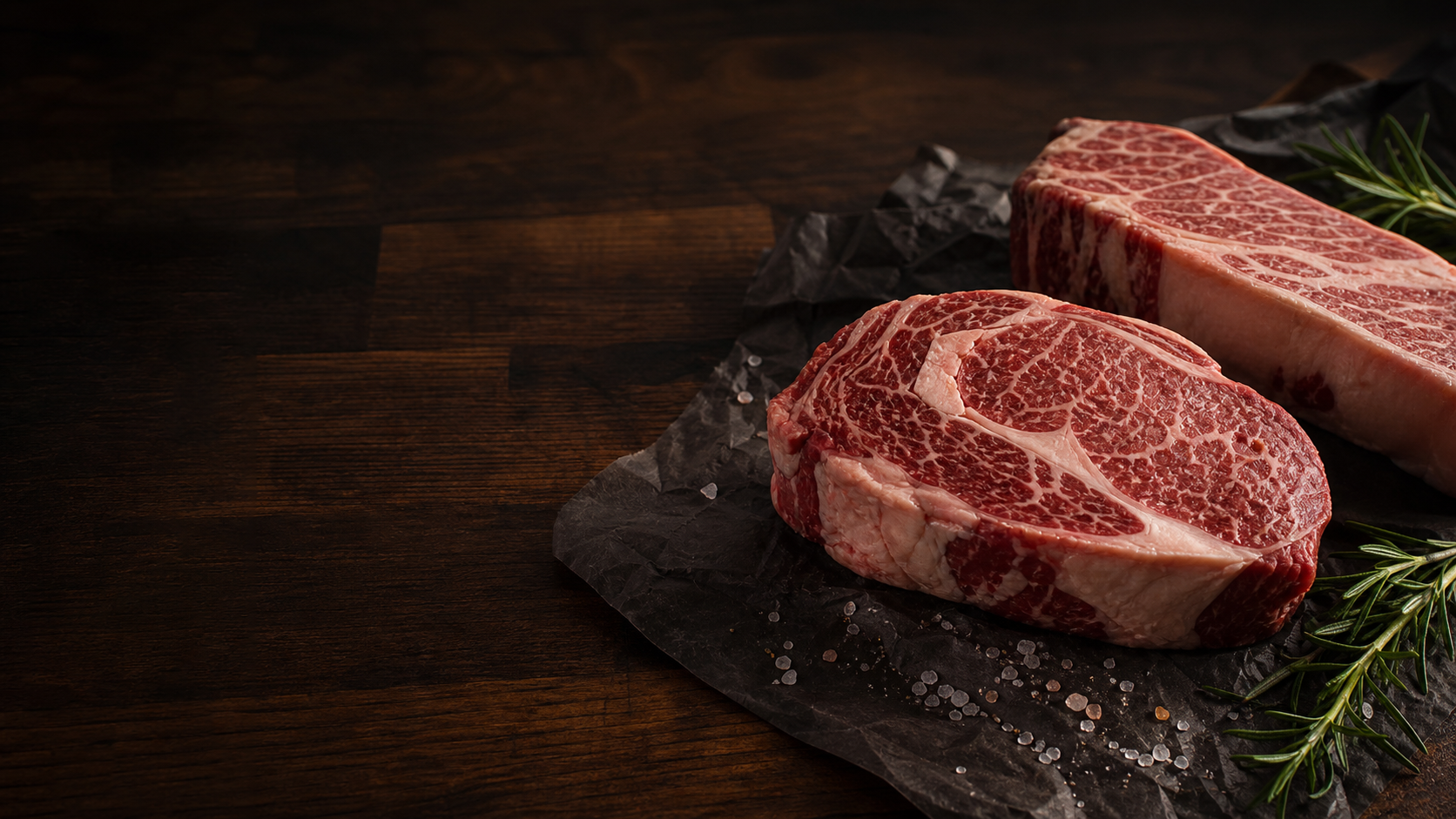 Premium marbled beef cuts on a butcher block